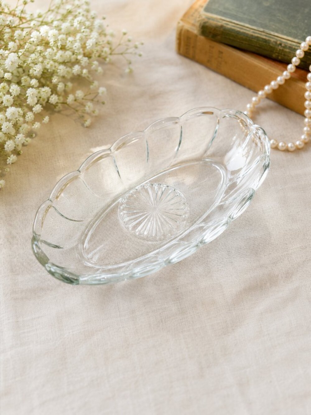Vintage Clear Pressed Glass Relish Celery Jewelry Dish 8.25" Scalloped Oval